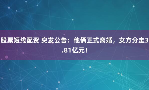股票短线配资 突发公告：他俩正式离婚，女方分走3.81亿元！